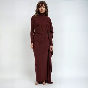 KOIR Stunning chocolate brown gown dress with dramatic cape sleeve like helsa